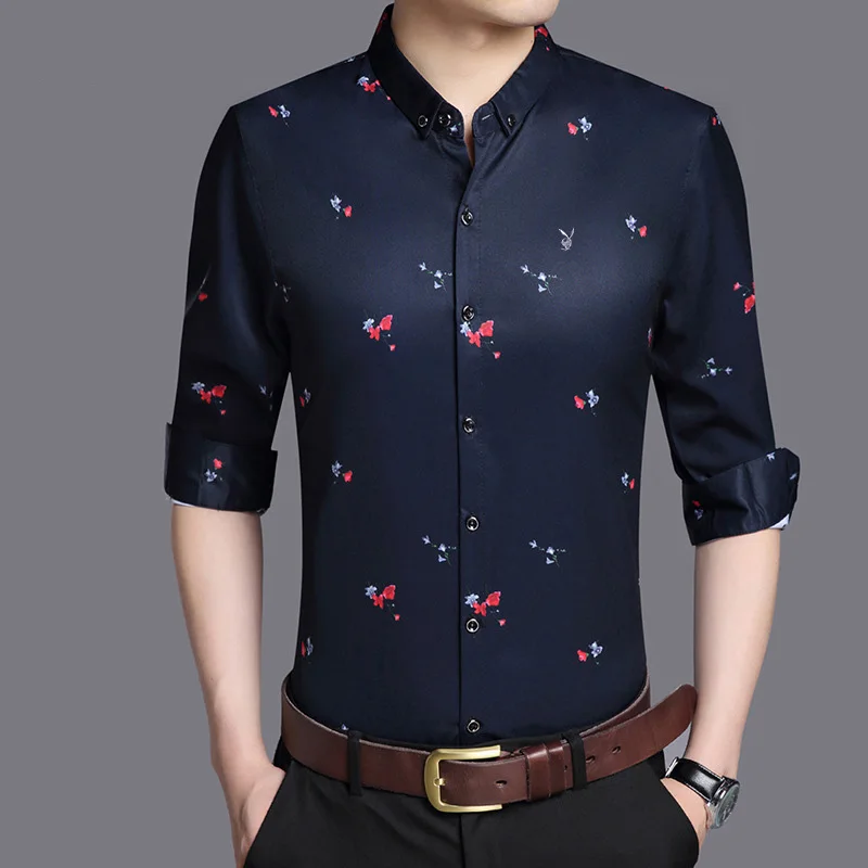 black Высококачественная Мужская рубашка с длинным рукавом Camisa Social Slim Fit Flower рубашка Мужская модная деловая повседневная мужская рубашка Blusas - Цвет: black