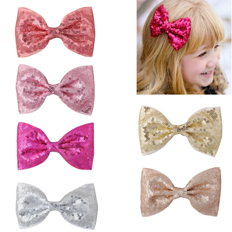 

30 Colors 4.7'' Children Girls Shining Sequins Ribbon Bow Hair Clips With Alligator Lovely Bow-knot Headwear Hair Accessories