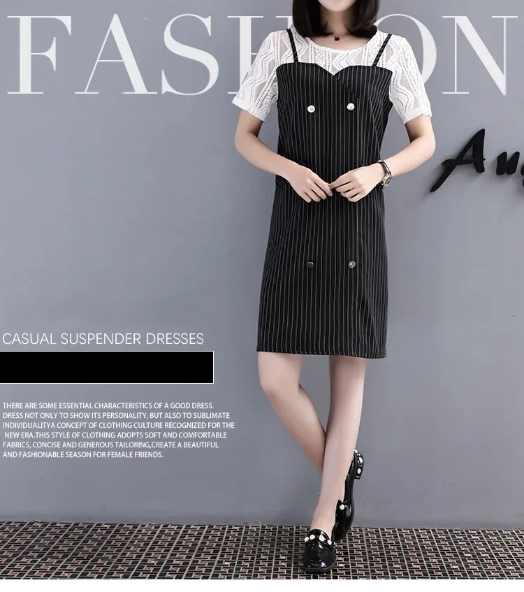 Summer Fake Two Pieces Dresses Women 2018 Fashion Striped Dress Lace Patchwork Robe Femme Short Sleeve Plus Size Vestidos Mujer (1)