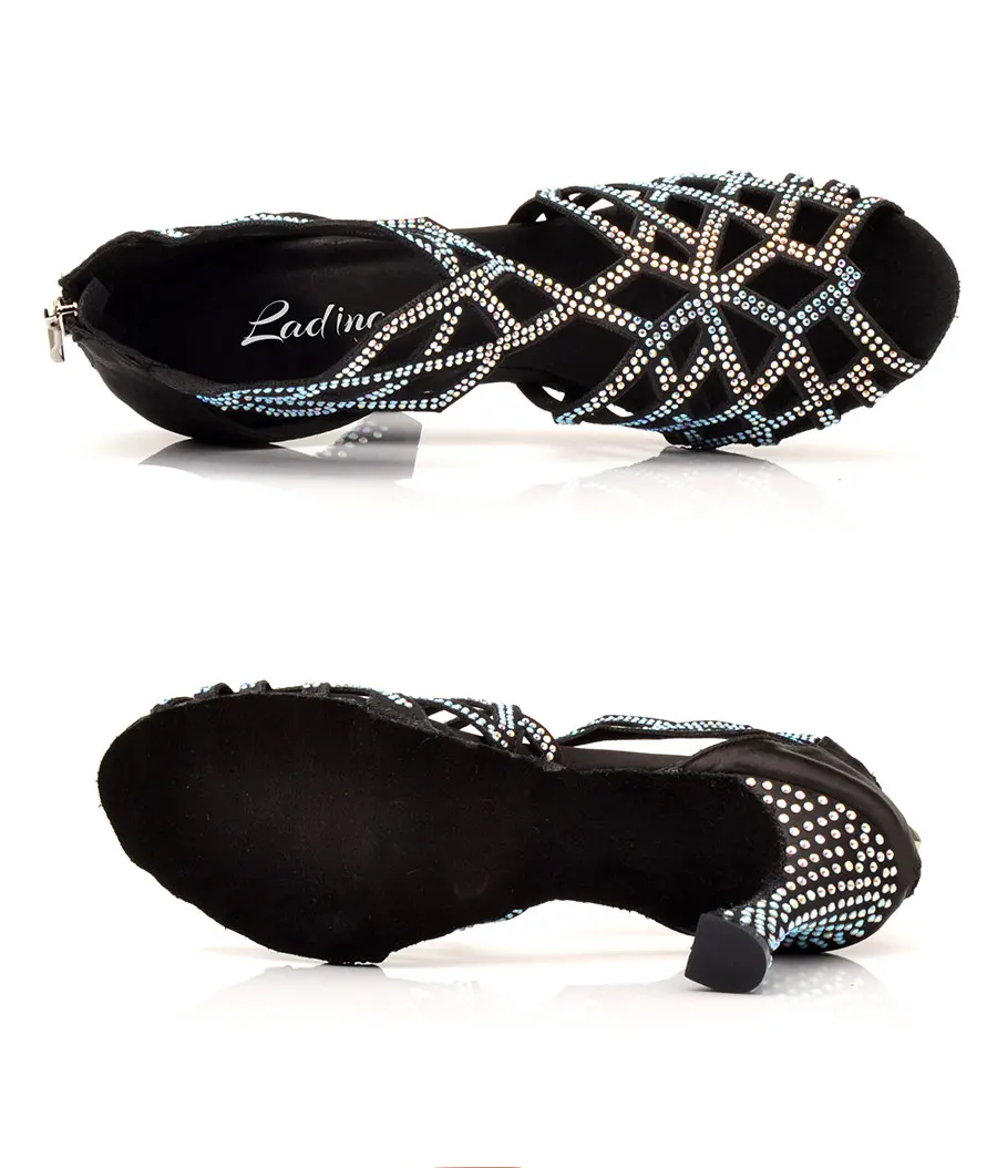 Ladingwu/женская танцевальная обувь; римские сапоги со стразами; туфли для латинских танцев; женские черные сатиновый бальный танцевальные туфли для сальсы