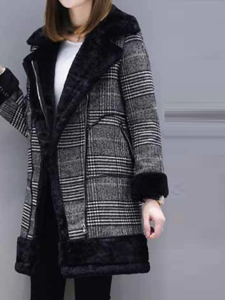 Клетчатое Женское зимнее пальто из искусственного меха, теплая верхняя одежда, повседневное пальто средней длины, черное, на одной пуговице, свободное, размера плюс, 2XL, шерстяное длинное пальто для женщин