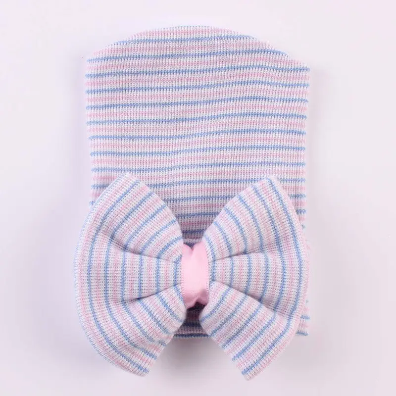 Детская разноцветная полосатая шапочка с бантом для новорожденных девочек, больничная теплая мягкая шапка, шапка - Цвет: Blue Pink
