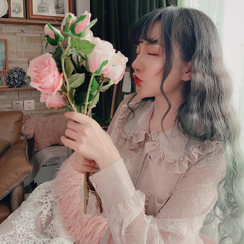 

Bobon21 2019 Spring New Fashion Women Sweet Doll Collar Lace Flower Gauze Blouse Shirts Velvet Two-piece Suits T1725