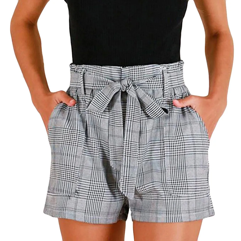 

Self Tie Waist Plaid Shorts 2019 Summer Mid Waist Straight Leg Shorts Women Elastic Waist Office Ladies Elegant Shorts