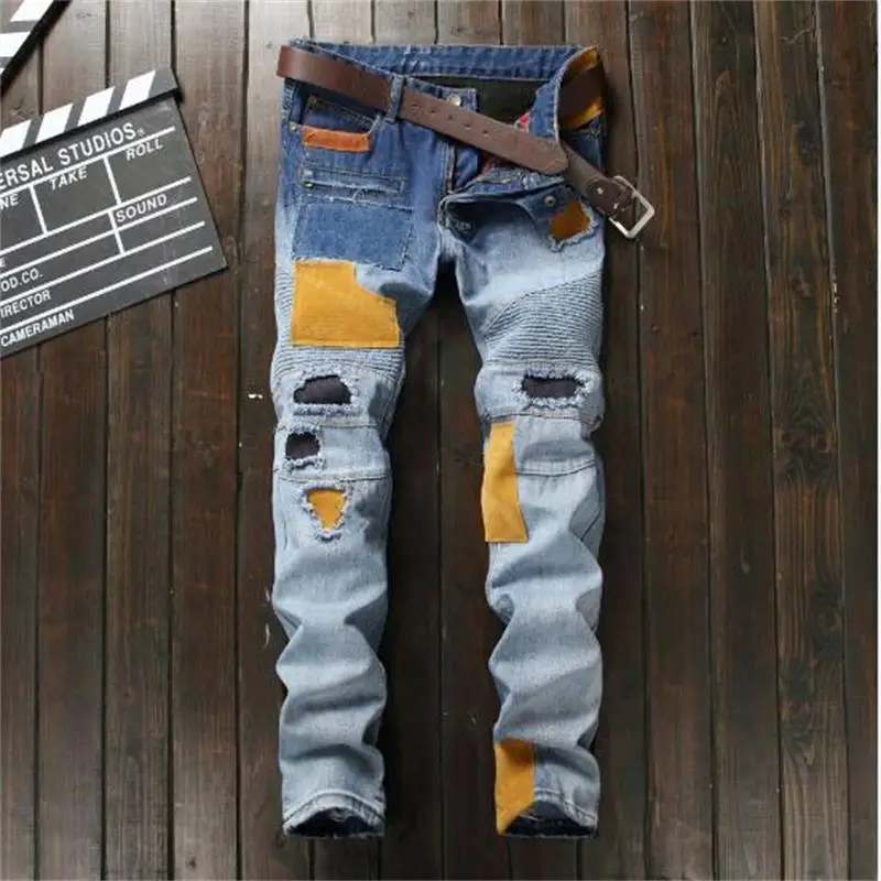 Модные заплатки нищие джинсы рваные джинсы для мужчин брюки классные креативные европейские и американские стиль Мужские джинсы#550-5