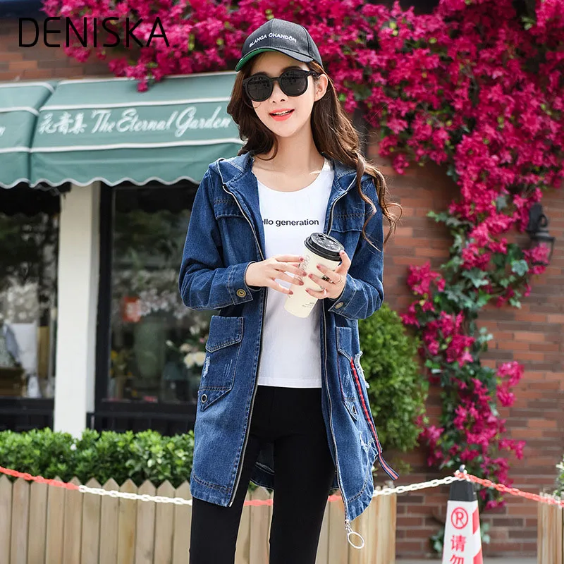 Buy DENISKA Women Basic Denim Jacket Long Denim Jacket Women Hood Denim Coat