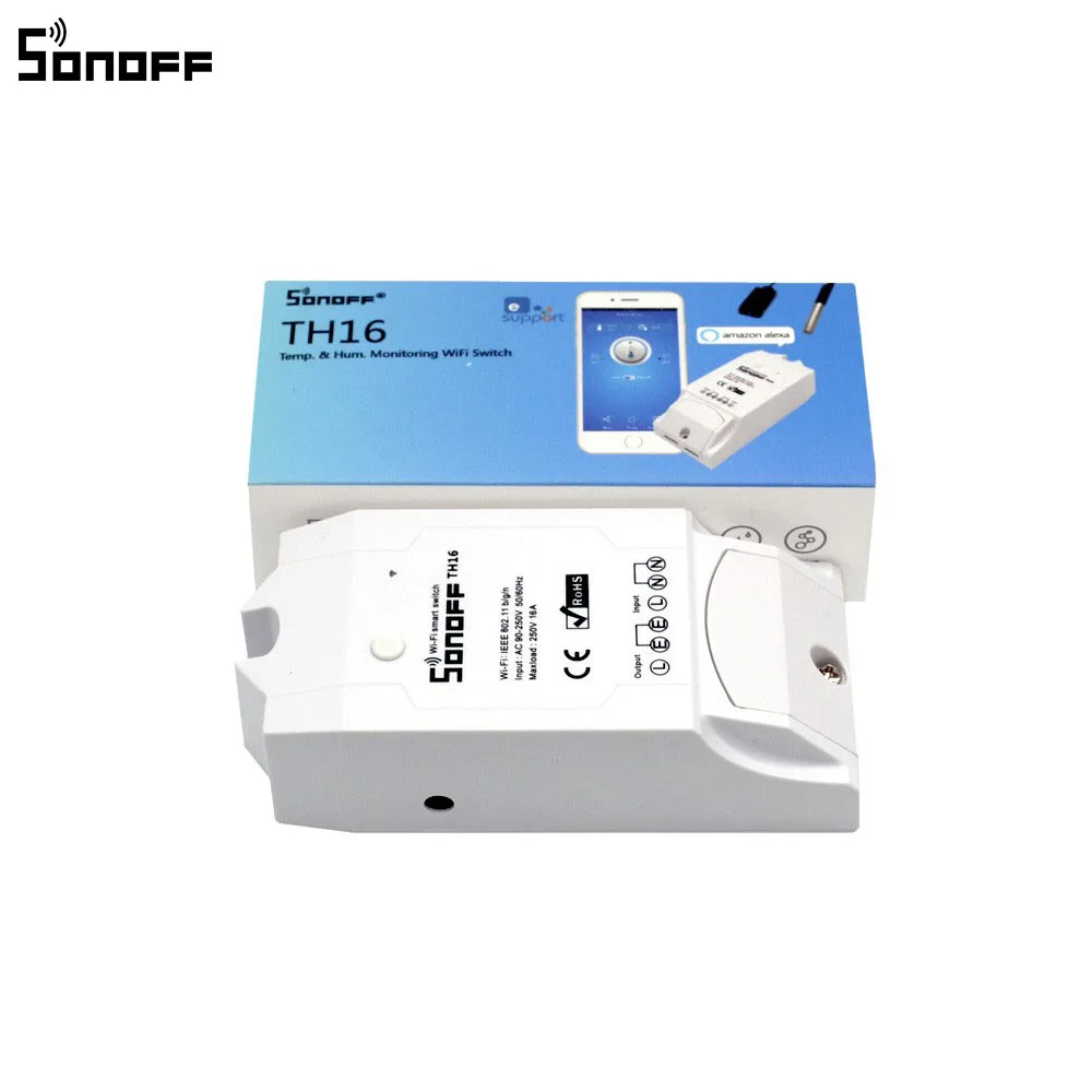 Sonoff TH16 умный переключатель для мониторинга температуры и влажности, Wifi, умный переключатель, комплект домашней автоматизации, работает с Alexa Google 16А 3500 Вт