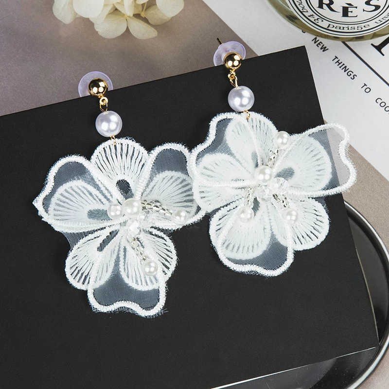 

Trendy Elegant White Lace Flower Earrings For Women Simulated Pearl Drop Earrings Bride Wedding Party Fashion Jewelry Accessorie
