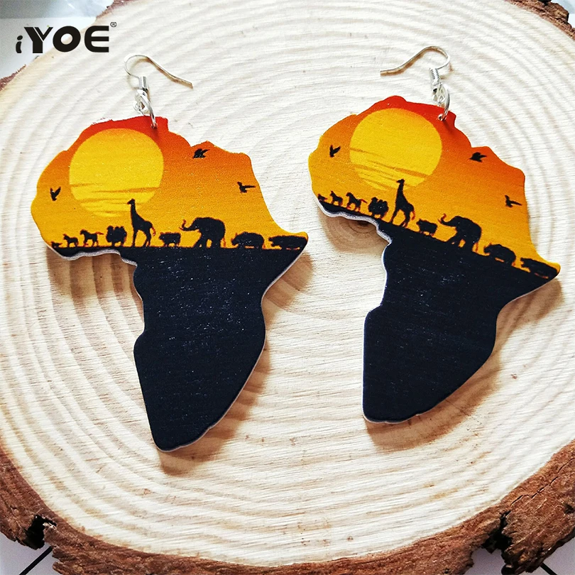 

IYOE 2019 Ethnic Vintage Drop Earrings For Women Girls Natural Wooden Painted African Animal Map Pendant Earring Female Jewelry