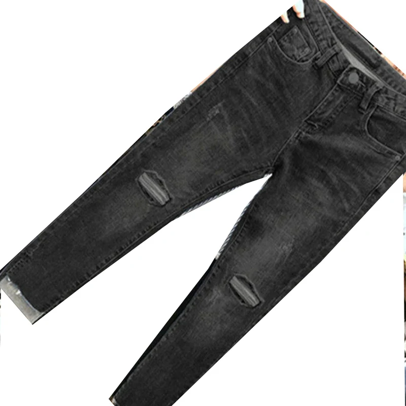

New Autumn large Size Jeans Female Fat mm High Waist Elastic Thin Hole Straight leg Pants Nine Pants Office Women clothing WP185