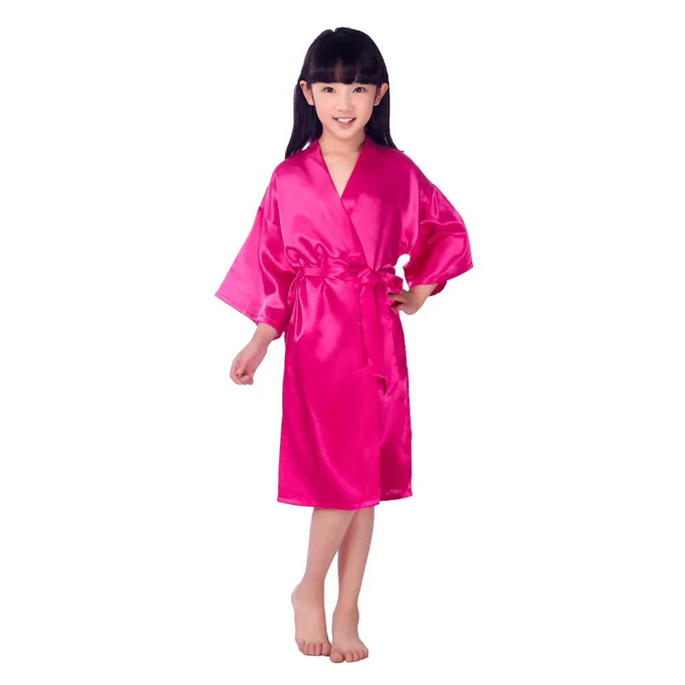 Новые однотонные шелковые халаты для девочек кимоно с цветочным узором для девочек Свадебные Короткие халаты, пижамы детский халат+ пояс, ночная рубашка, горячая распродажа