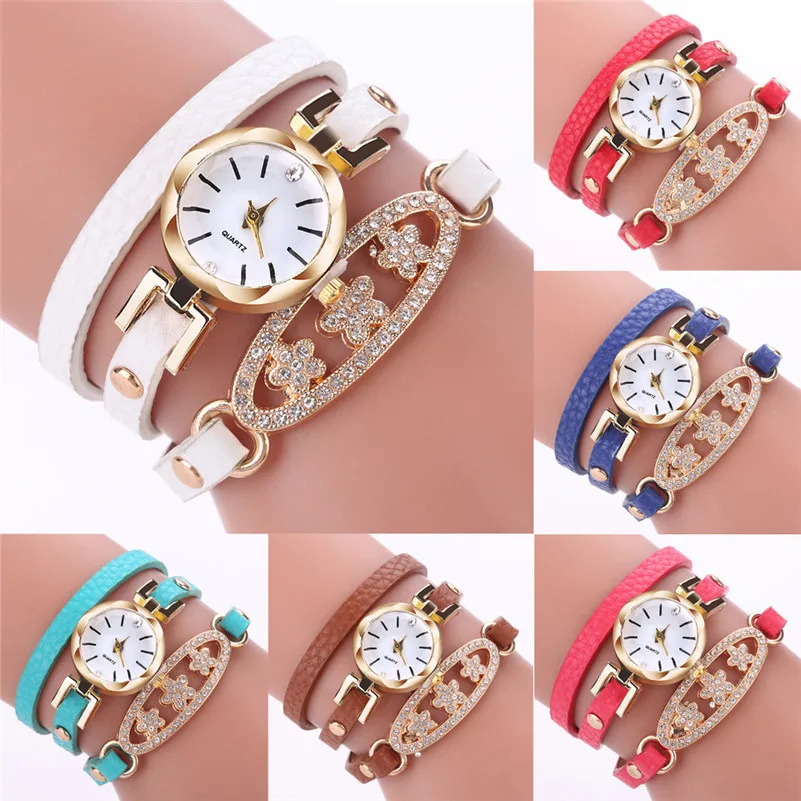 High Quality women fashion casual watch dress Leather Quartz Watch Luxury Bracelet Flower Gemstone Wristwatch Gift clock M22#N (1)