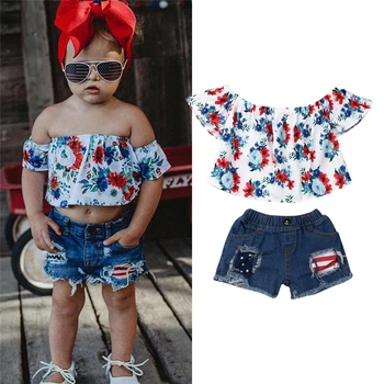 

2019 Toddler Kids Baby Girls Clothes Set Summer Off Shoulder Short Sleeve Floral Tops Shorts Jeans 4th July Costume Outfits 2PCs