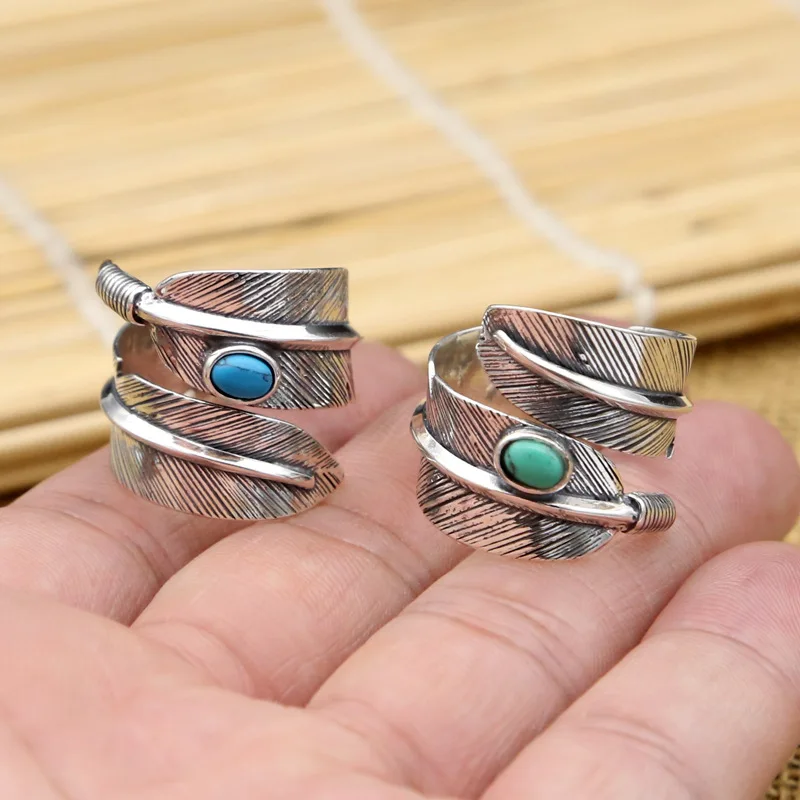 

S925 Sterling Silver Jewelry Retro Pursuit Thai Silver Feather Open Ended Ring Men & Women Ring