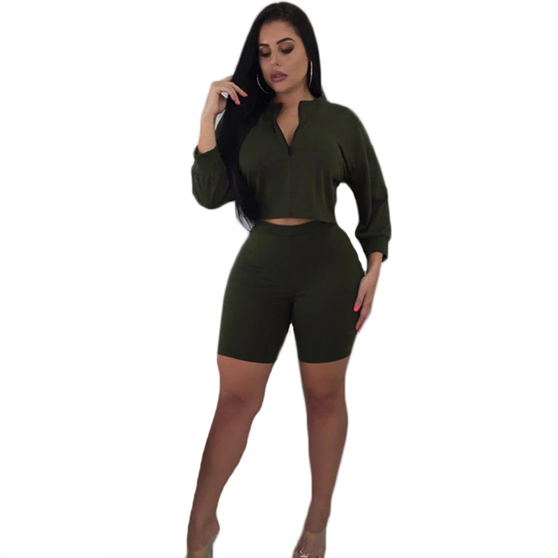 

2018 fashion womens fitness clothes zipper T-shirt crop top elastic high waist shorts solid color Tracksuit casual Outfits 2pcs
