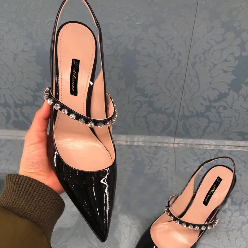 

Daiwenjie Elegant Jewel Wedding Shoes Woman Pointed Toe High Heels Slingback Pumps Women Prom Stiletto With Crystal Slip-On