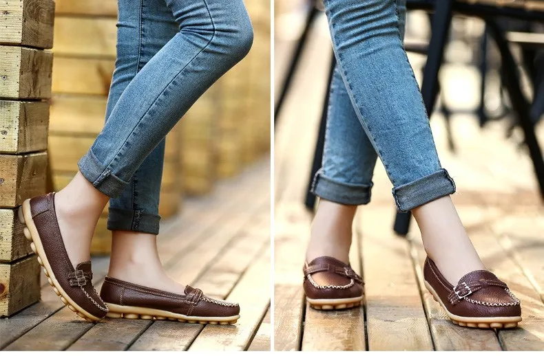 Soft Genuine Leather Shoes Women Slip On Woman Loafers Moccasins Female Flats Casual Women's Buckle Boat Shoe Plush Size 35-41 21