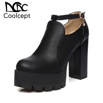

Coolcept Fashion Ankle Strap Women Pumps Buckle Crystal Thick High Heels Shoes Sexy Black Club Women Footwear Size 34-43