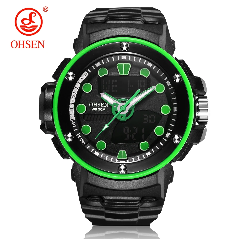 

Top Brand OHSEN Fashion Quartz Digital Watch Men LED Alarm Swim Sports Watch Mens Rubber Band Green Army Wristwatch Montre Homme