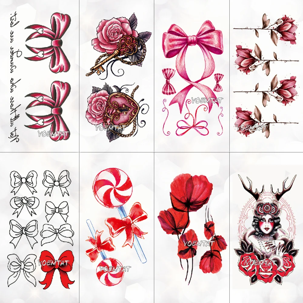 Red pink bow rose Waterproof Temporary Tattoo Sticker for Adults Kids Body Art Women New Design Water Transfer Fake Tatoo