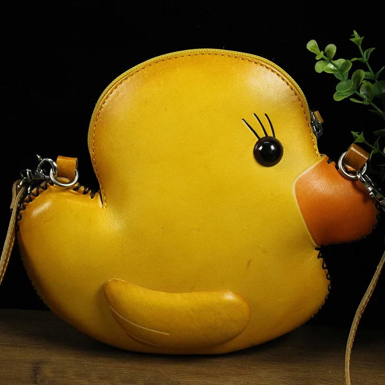 

Handmade yellow duck animal shaped bag Genuine Leather lovely handbag cartoon zero wallet Rubber Duck Shoulder/cross Body Bag