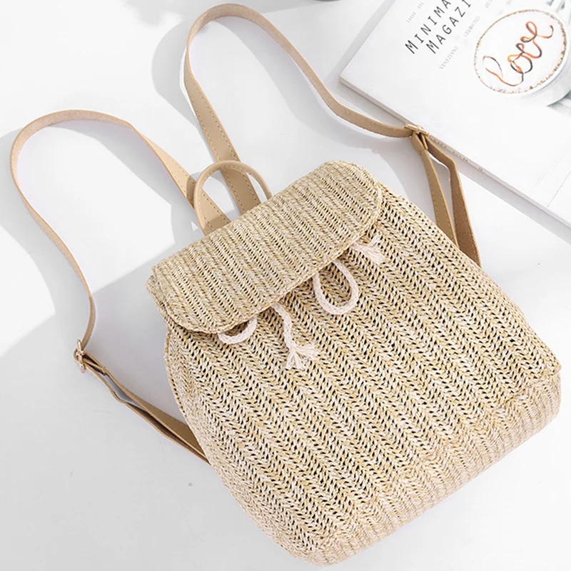 Fashion Straw Woven Backpack Ladies Shoulder Bag Summer Girl Backpack Female Travel Bag Books Backpack