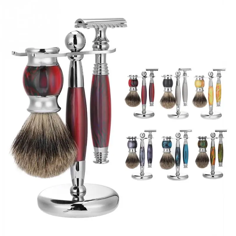 

3pcs Barber Men Beard Shaving Manual Safety Razor Set Double Edge Shaving Razors Long Handle+Stand Holder+ Hair Shaving Brush