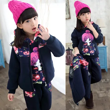 

2017 Fashion Winter Children's Print Hoodie Trousers Warm Waistcoat Clothing Hot Girl Three-piece Suit Outfits New Kids Clothes