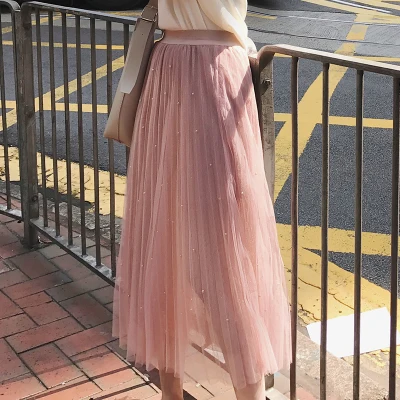 Женская Тюлевая юбка, элегантная юбка-пачка, новинка, весна-лето, бисер, сетка, для офиса, для девушек, Длинная пляжная юбка в стиле бохо, Jupe - Цвет: Розовый