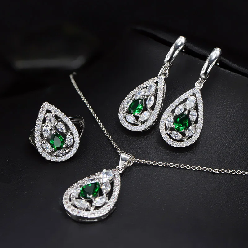 CWWZircons модный темно-синий кристалл ювелирный набор из серебра 925 пробы, серьги, ожерелье и кольцо для женщин T286 - Окраска металла: green