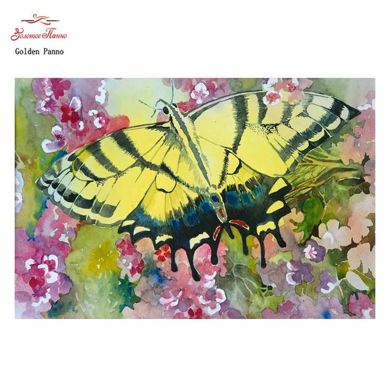 

Golden Panno, DIY Needlework Counted Cross Stitch Set Embroidery Kit 14CT 11CT animal Yellow Butterfly Pattern Cross-Stitching07