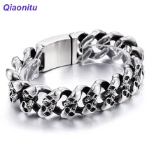 19 мм тяжелый панк-рок готический череп голова браслеты для мужчин из нержавеющей стали панцирная кубинская цепь браслет Байкер ювелирные изделия 18,5-21 см