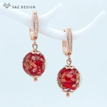 

S&Z Original Design Handmade Coloured Glaze Earrings 585 Rose Gold Chinese Style Women Fine Texture Jewelry Party Gift