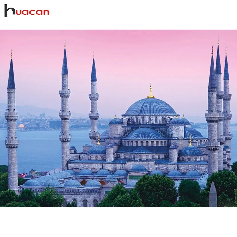 

HUACAN Full Square 5D DIY Diamond Painting Mosque Diamond Embroidery Religion Diamond Mosaic Set Picture Of Rhinestones Handmade