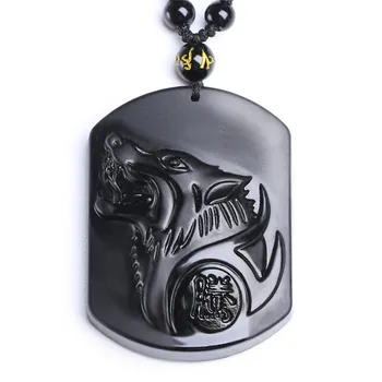 

Drop Shipping Natural Stone Black Obsidian Chinese Wolf Head Lucky Amulet Pendant Necklace For Women Men Jewelry Box Energy Gift