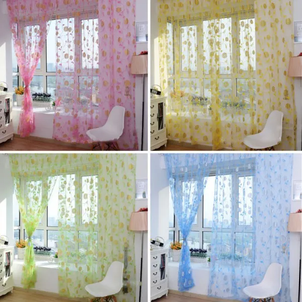 4 Colors Sheer Voile Door Curtains Window Room Divider 4 Colors Sheer Voile Door Curtains Window Room Divider Scarf Rose Flower Pattern