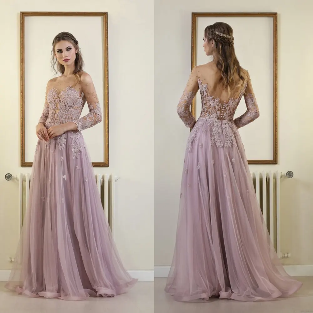 

Verngo Long Sleeves Evening Dress 2019 Tulle With Appliques Formal Dress Elegant Pink Gown Robe Longue