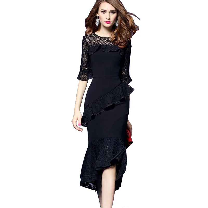 

2018 Runway Fashion Designers Women Party Dress Luxury Black Lace Flounced Flare Sleeve Skinny Irregular Elegant Tiered Dress