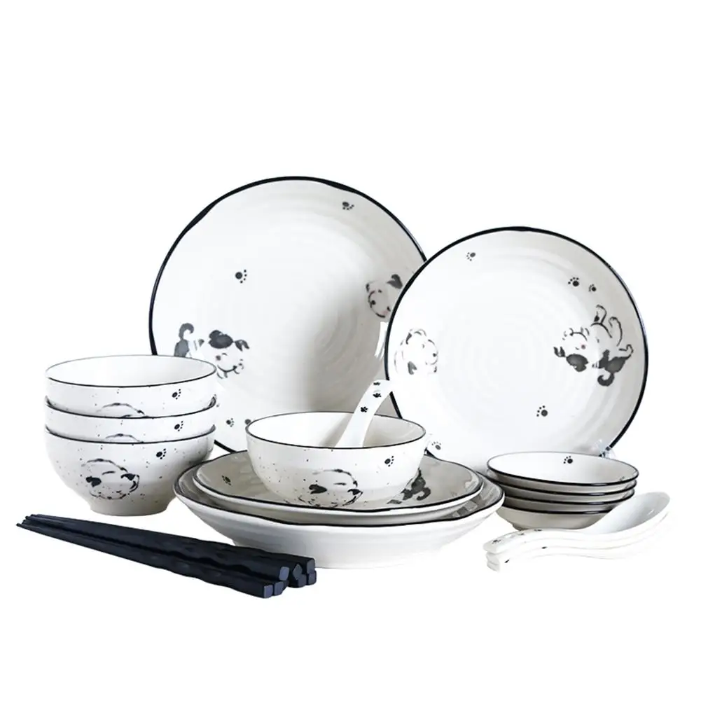 

20PCS/Set Ceramic Dinnerware Set Cute Cartoon Puppy Pattern Tableware Cutlery Set
