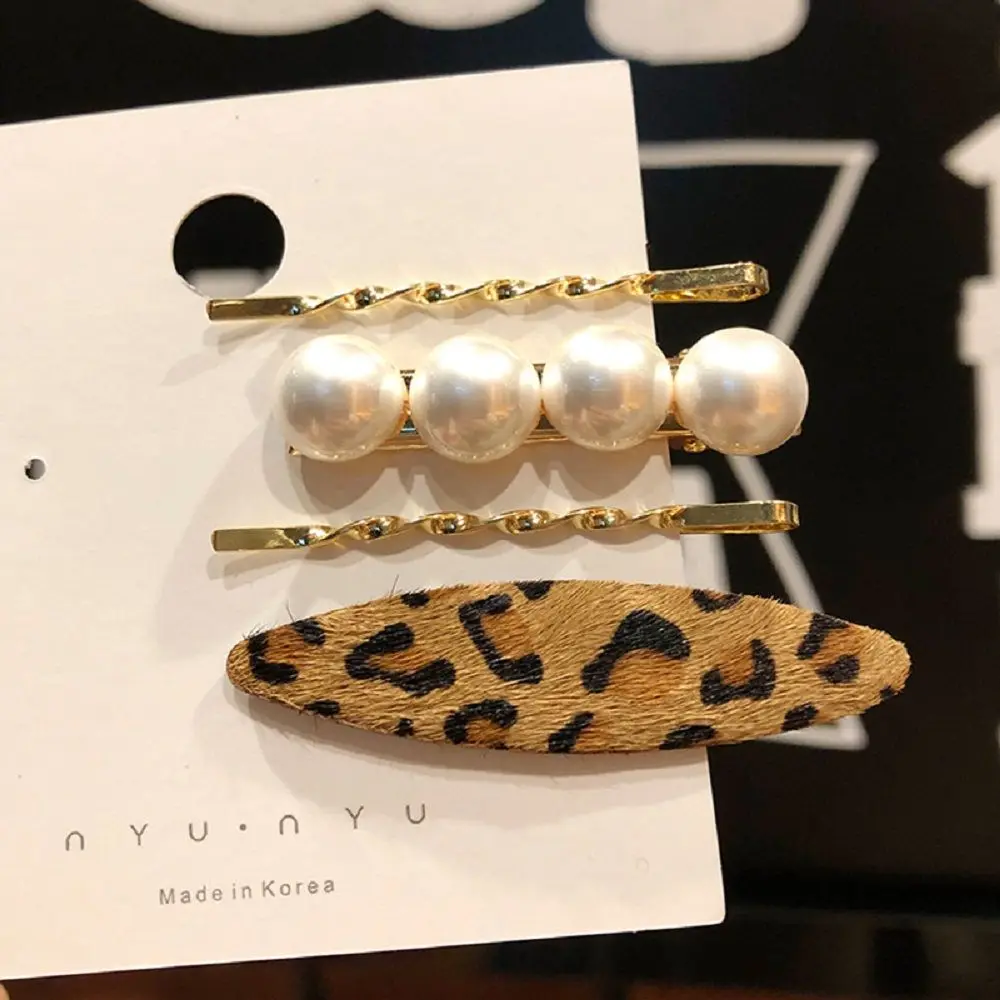 

4PCS Fashion Metal Imitiation Pearl Hair Clips for Women Hair Accessories Mohair Leopard Hairpins Hairgrip
