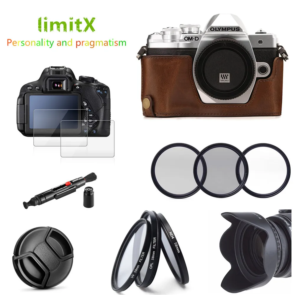 

Half Body Leather Case + Filter set + Lens Hood + Cleaning Pen + Glass Protector for Olympus OM-D E-M10 III 14-42mm lens Camera