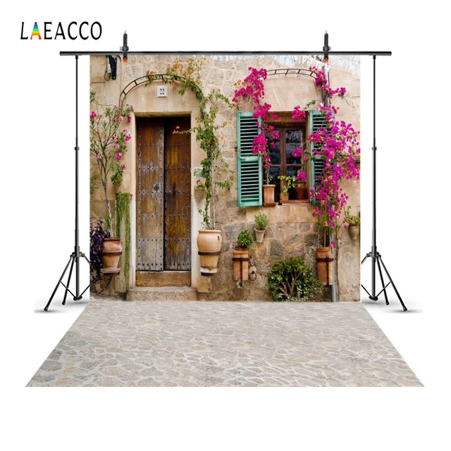 Laeacco Old Rural House Window Door Flower Yard Porch Wreath Baby Portrait Photo Backgrounds Photographic Backdrops Photo Studio
