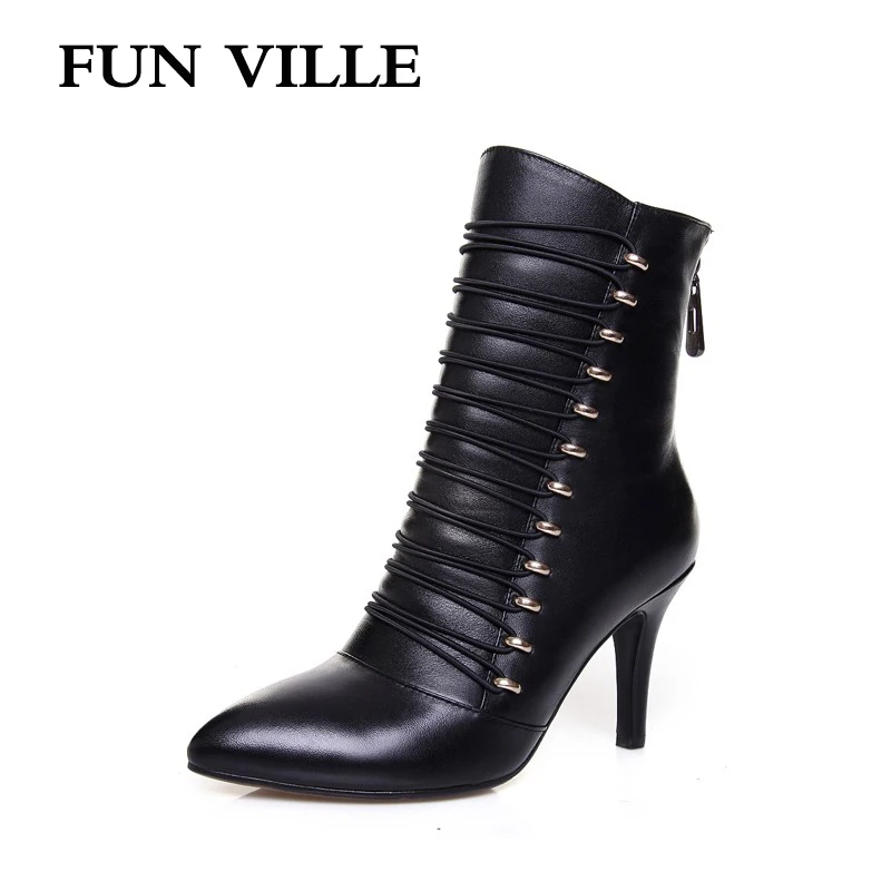 

FUN VILLE 2018 New Fashion Elegant style Women Ankle Boots Genuine leather Spike Heels lady botas Shoes Pointed Toe size 34-40