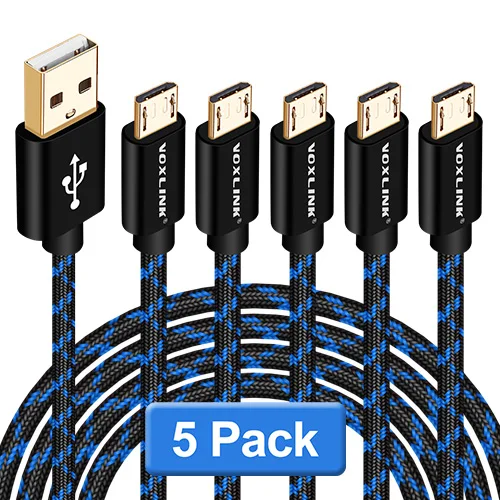 VOXLINK USB кабель 5V 2.4A Микро Нейлон Быстрая зарядка USB кабель для передачи данных для samsung Xiaomi LG планшет Android мобильный телефон зарядный шнур - Цвет: Black 5pcs cable