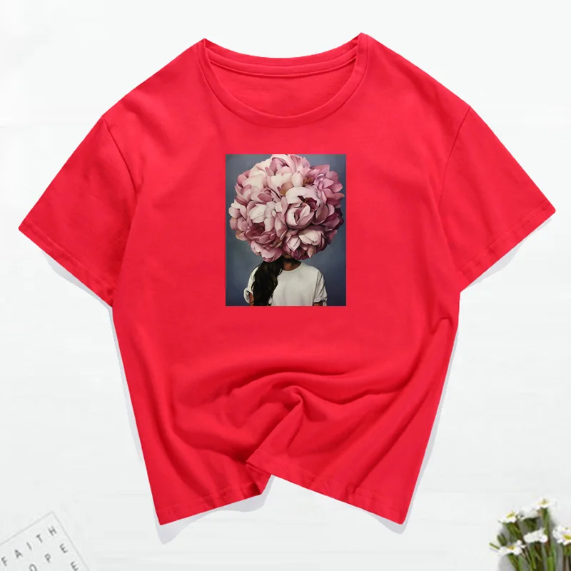 175-red Модная женская футболка, новинка, хлопок, Harajuku, эстетическая футболка, сексуальные цветы, перо, принт, топы, Повседневная парная футболка - Цвет: 175-red
