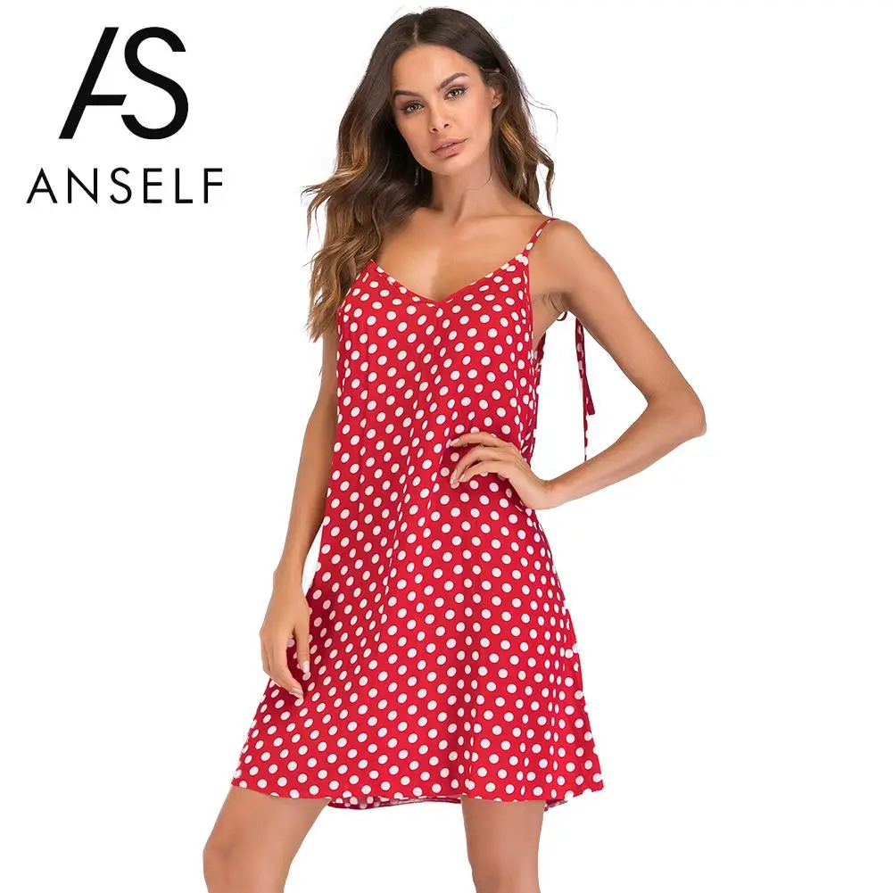 

Anself Women Summer Dress 2019 Polka Dot Print V Neck Sleeveless Tie Spaghetti Strap Dress Backless Mini Casual Vintage Dress