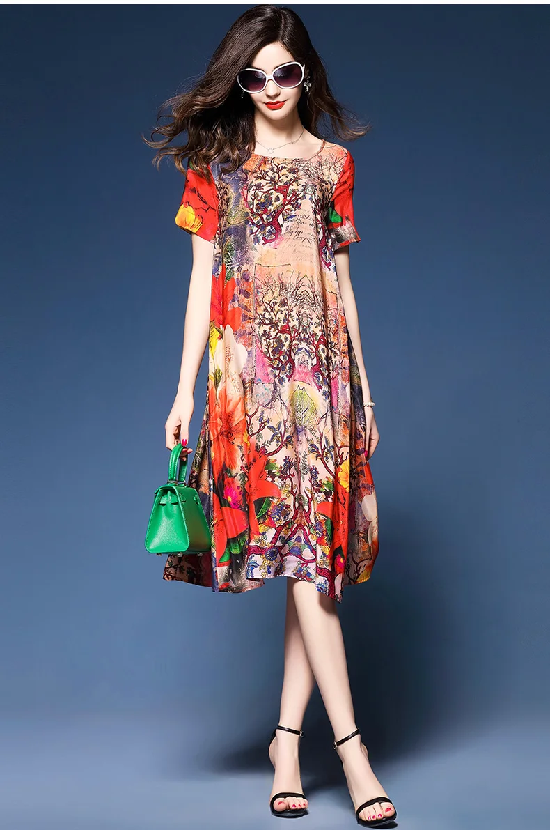 Новинка Весна Ретро разноцветное цветочное свободное платье с рисунком размера плюс 3XL летнее женское элегантное платье с коротким рукавом из искусственного шелка