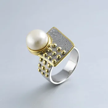 

Baroque pearl rings for women jewelry 925 sterling silver 10mm pearl rings gold handmade design geometric faceplate natural