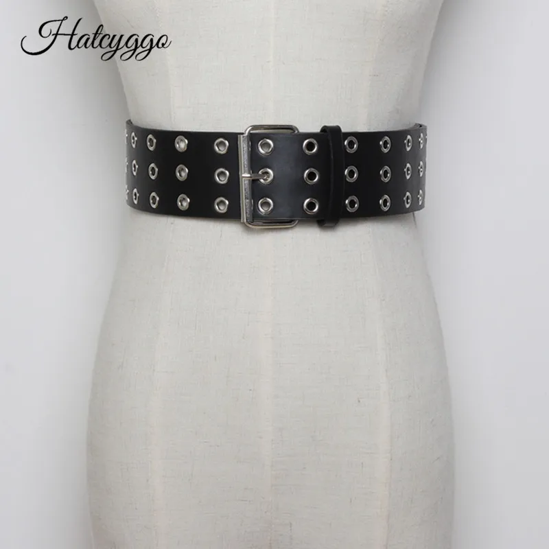 

HATCYGGO Punk Women's Belt Black Hollow Rivets Woman Waist Belts Leather Double Buckle Slimming Belt Luxury Lady Feminine Strap