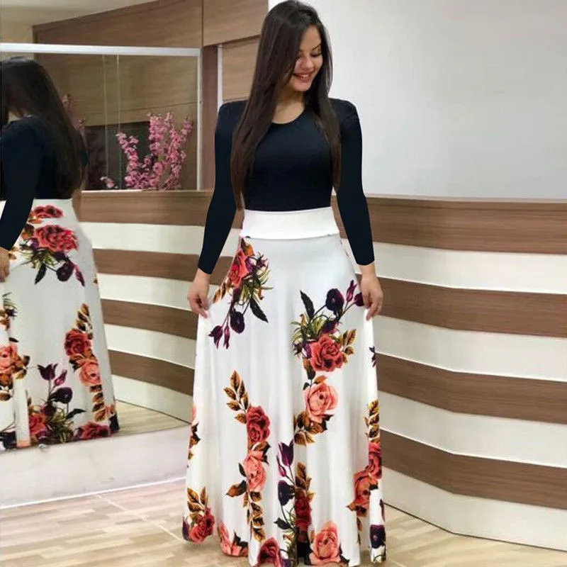 

Women Dress Long Sleeves O Neck Patchwork Women Dresses Floral Printed Draped Vestidos Female Long Maxi Dress Casual Robe